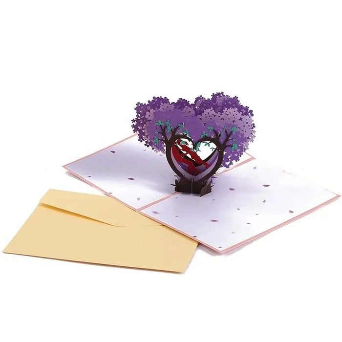 Beautiful 3D Popup Handcrafted Greeting Card - Kissing Under a Purple Tree