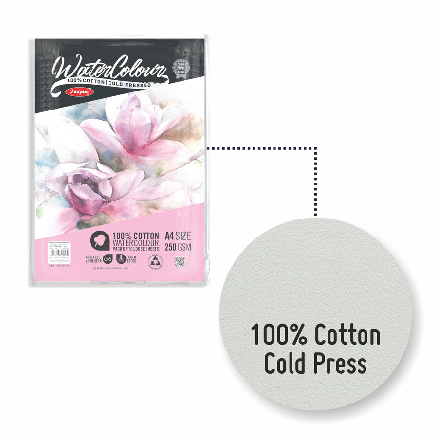 Anupam - Watercolour Loose Sheets Pack of 10 A4/250GSM Cold Pressed