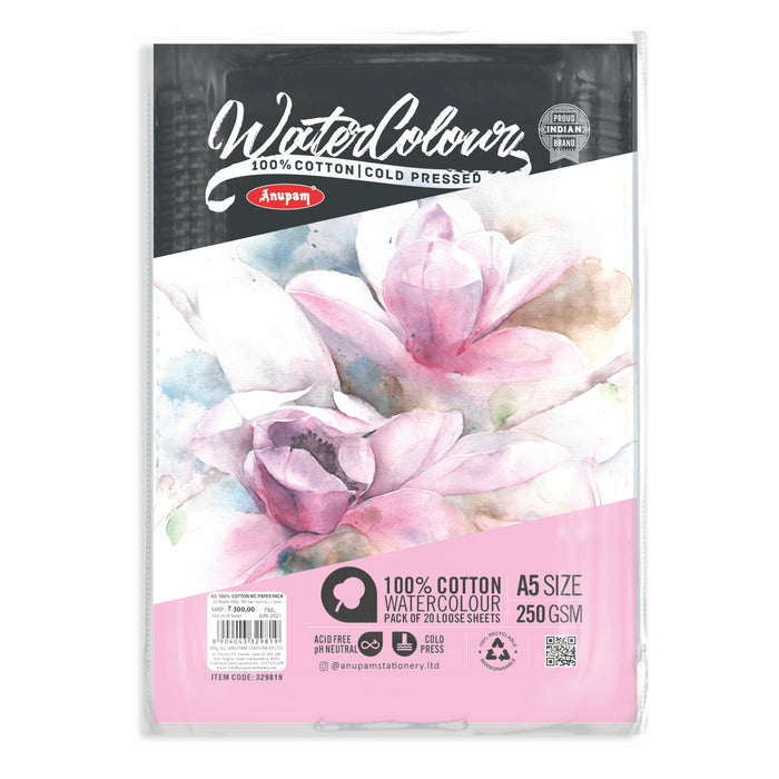 Anupam - 100% Cotton Watercolour Drawing Paper (Cold Press Loose Sheets) - 250 GSM/A5