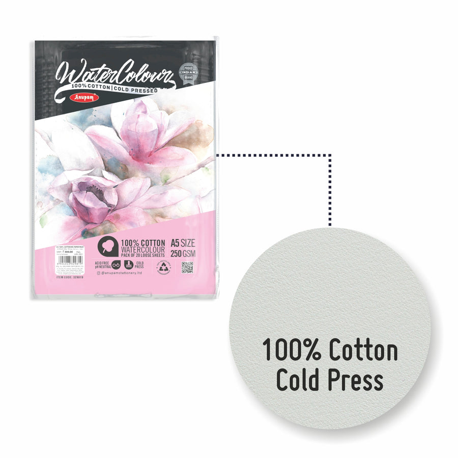Anupam - 100% Cotton Watercolour Drawing Paper (Cold Press Loose Sheets) - 250 GSM/A5