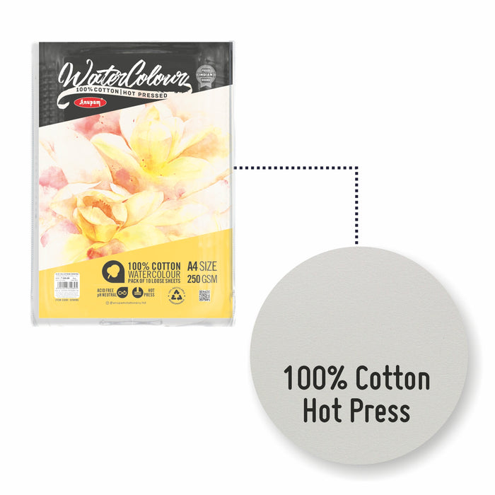 Anupam - Watercolour Loose Sheets Pack of 10 A4/250GSM Hot Pressed