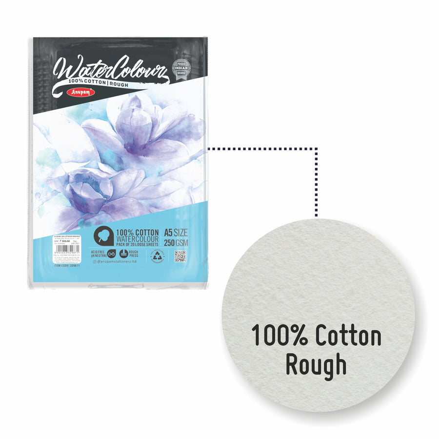 Anupam - 100% Cotton Watercolour Drawing Paper (Rough Loose Sheets) – 250GSM/A5