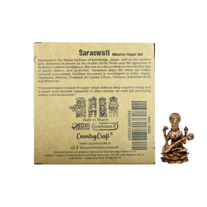 Country Craft - Copper Saraswati Idol Miniature – Handcrafted Kumbakonam Art