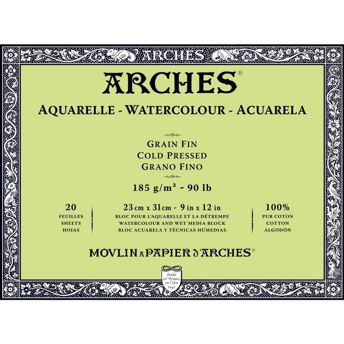ARCHES WATERCOLOUR- AQUARELLE - 23 CM X 31 CM NATURAL WHITE FINE GRAIN / COLD PRESS 185 GSM PAPER, 4 SIDE GLUED PAD OF 20 SHEETS