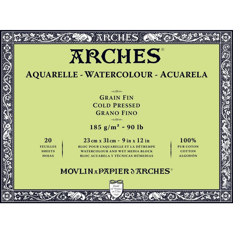 ARCHES WATERCOLOUR- AQUARELLE - 23 CM X 31 CM NATURAL WHITE FINE GRAIN / COLD PRESS 185 GSM PAPER, 4 SIDE GLUED PAD OF 20 SHEETS