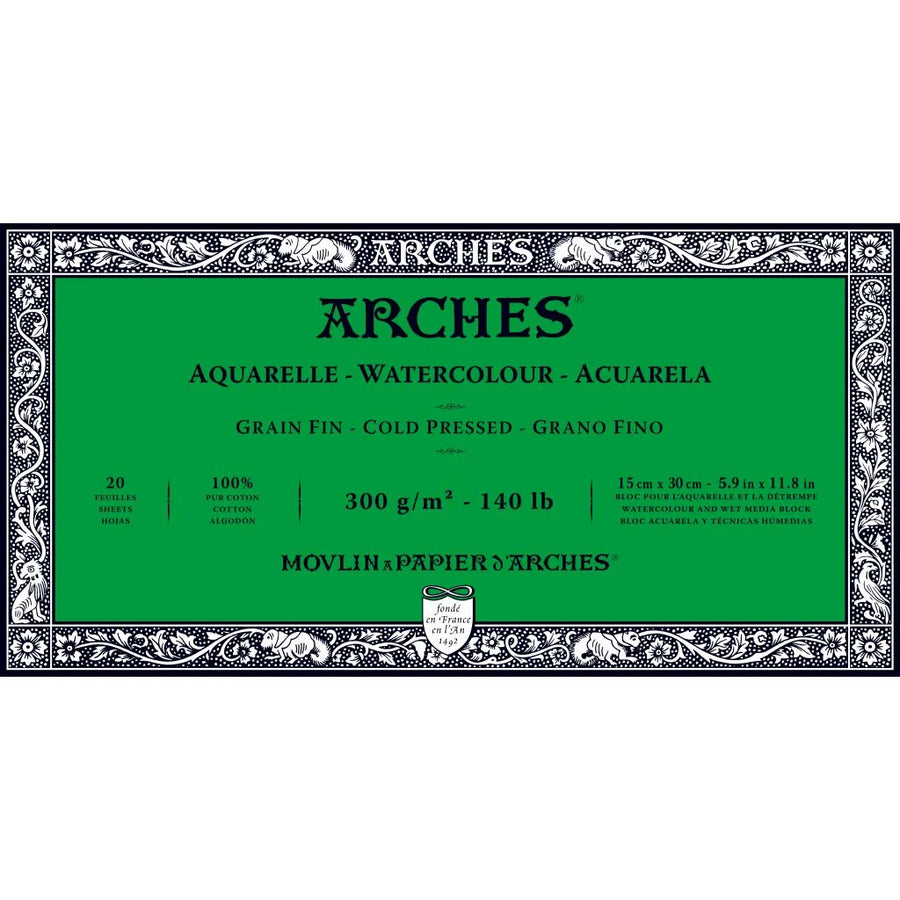 Arches Watercolour Aquarelle - Natural White Fine Grain/Cold Press 300 GSM, 15 x 30cm - 20 Sheets