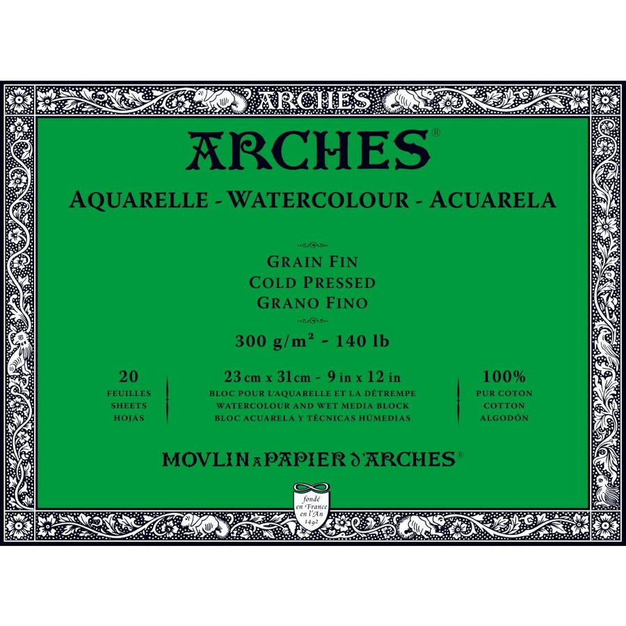 ARCHES WATERCOLOUR- AQUARELLE - 23 CM X 31 CM NATURAL WHITE FINE GRAIN / COLD PRESS 300 GSM PAPER, 4 SIDE GLUED PAD OF 20 SHEETS