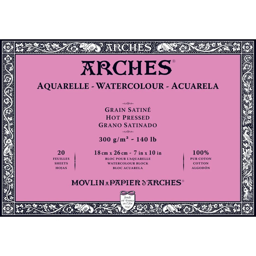 ARCHES WATERCOLOUR- AQUARELLE - 18 CM X 26 CM NATURAL WHITE SATIN GRAIN / HOT PRESS 300 GSM PAPER, 4 SIDE GLUED PAD OF 20 SHEETS