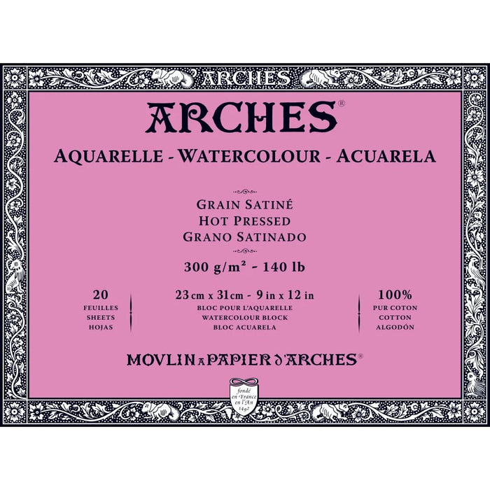 ARCHES WATERCOLOUR- AQUARELLE - 23 CM X 31 CM NATURAL WHITE SATIN GRAIN / HOT PRESS 300 GSM PAPER, 4 SIDE GLUED PAD OF 20 SHEETS