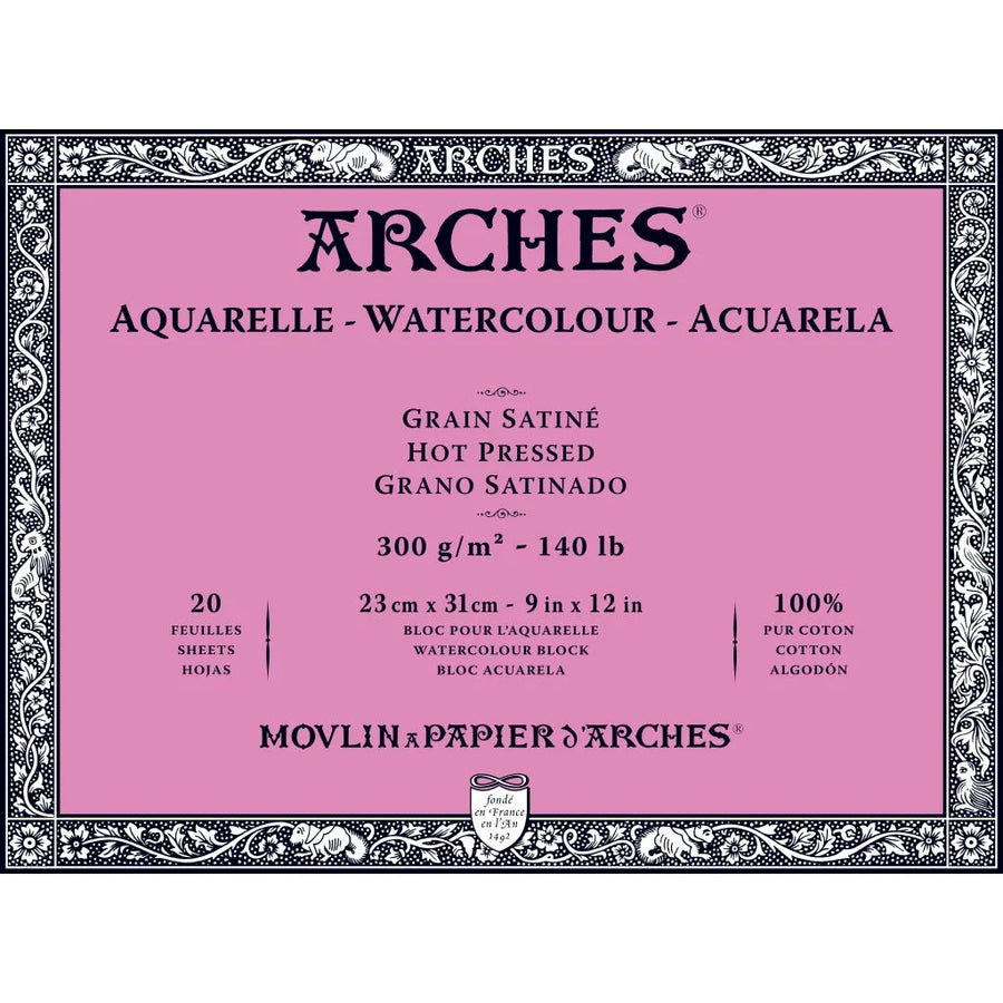 ARCHES WATERCOLOUR- AQUARELLE - 23 CM X 31 CM NATURAL WHITE SATIN GRAIN / HOT PRESS 300 GSM PAPER, 4 SIDE GLUED PAD OF 20 SHEETS