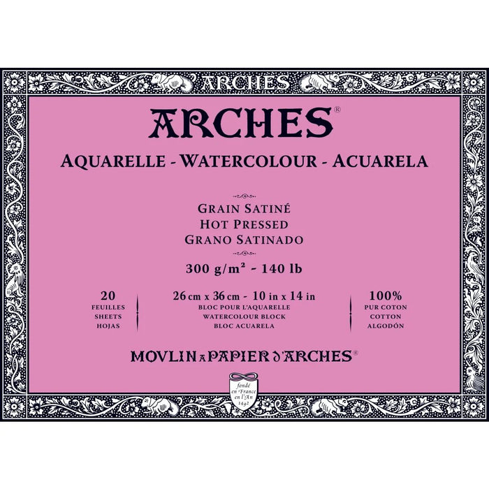 ARCHES WATERCOLOUR- AQUARELLE - 26 CM X 36 CM NATURAL WHITE SATIN GRAIN / HOT PRESS 300 GSM PAPER, 4 SIDE GLUED PAD OF 20 SHEETS
