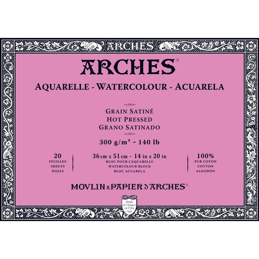 ARCHES WATERCOLOUR- AQUARELLE - 36 CM X 51 CM NATURAL WHITE SATIN GRAIN / HOT PRESS 300 GSM PAPER, 4 SIDE GLUED PAD OF 20 SHEETS