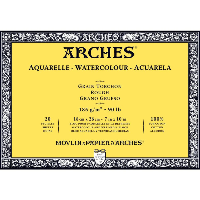 ARCHES WATERCOLOUR- AQUARELLE - 18 CM X 26 CM NATURAL WHITE ROUGH GRAIN 185 GSM PAPER, 4 SIDE GLUED PAD OF 20 SHEETS