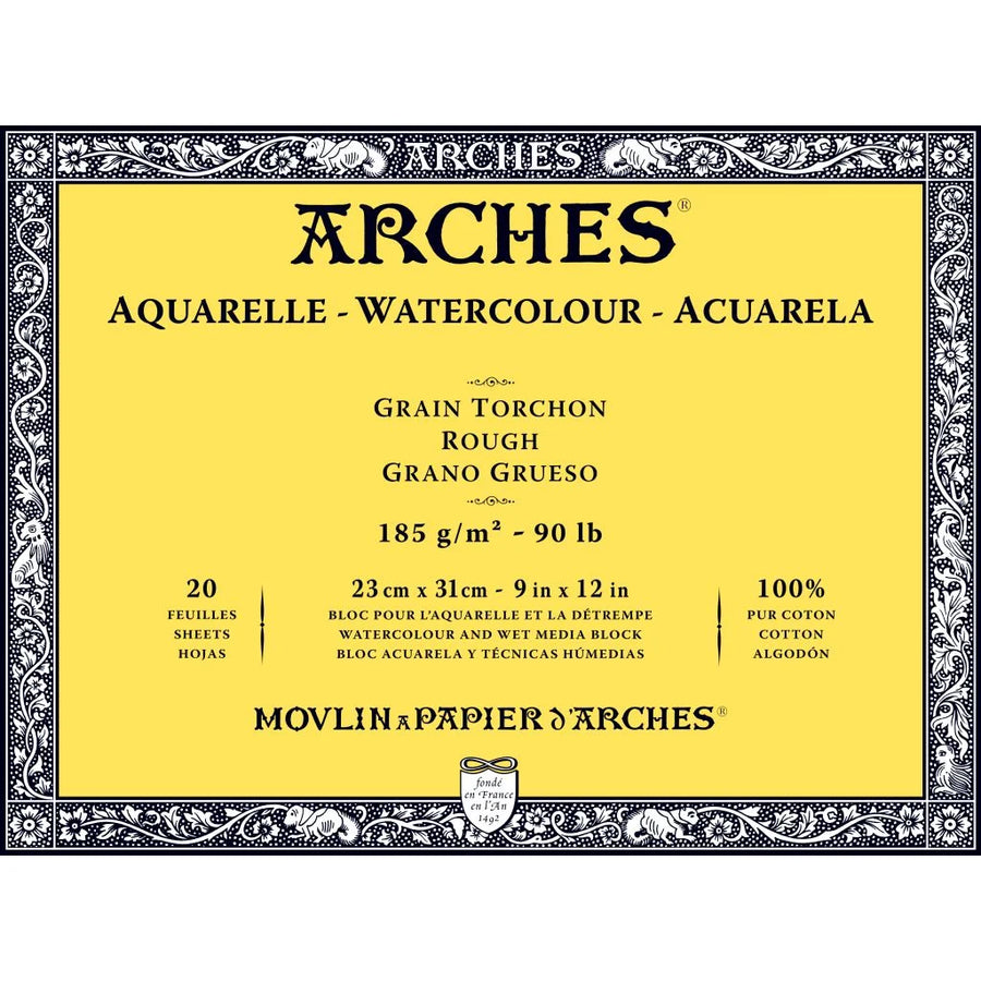 ARCHES WATERCOLOUR- AQUARELLE - 23 CM X 31 CM NATURAL WHITE ROUGH GRAIN 185 GSM PAPER, 4 SIDE GLUED PAD OF 20 SHEETS