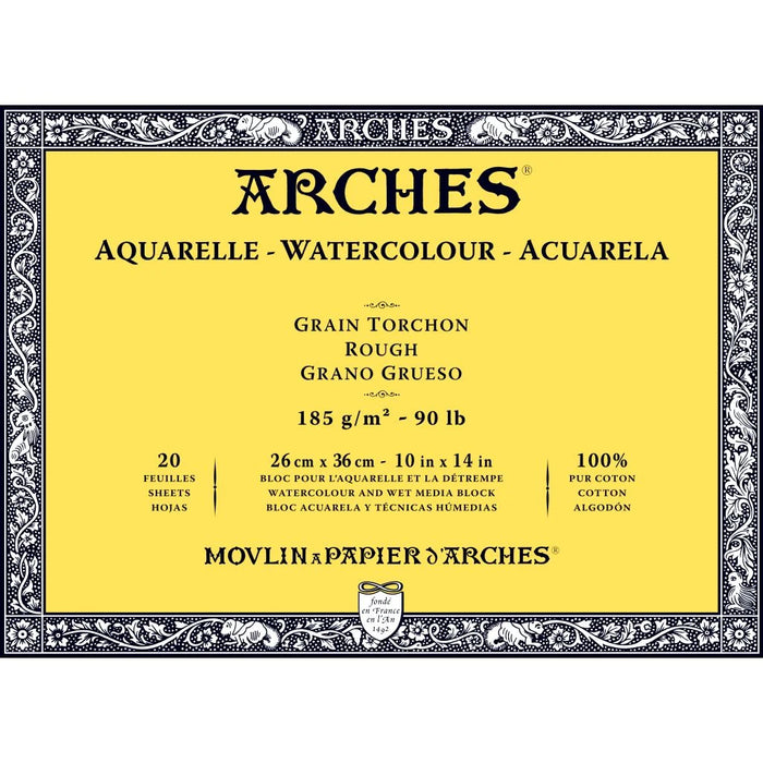 ARCHES WATERCOLOUR- AQUARELLE - 26 CM X 36 CM NATURAL WHITE ROUGH GRAIN 185 GSM PAPER, 4 SIDE GLUED PAD OF 20 SHEETS