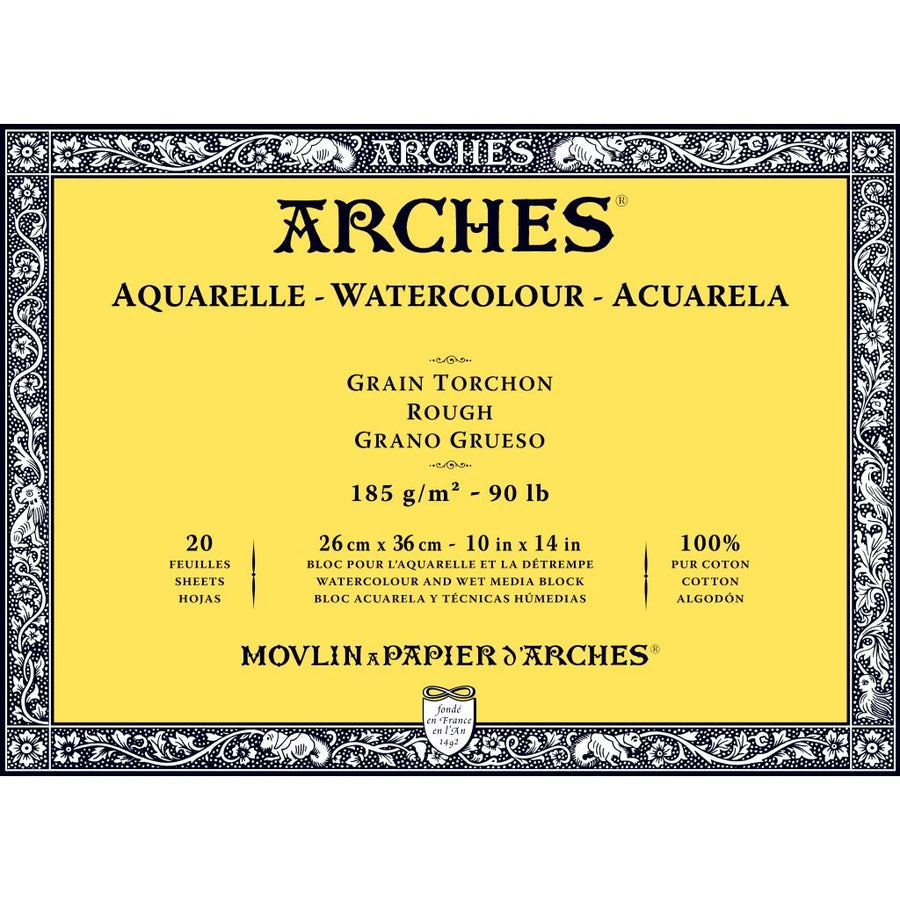 ARCHES WATERCOLOUR- AQUARELLE - 26 CM X 36 CM NATURAL WHITE ROUGH GRAIN 185 GSM PAPER, 4 SIDE GLUED PAD OF 20 SHEETS