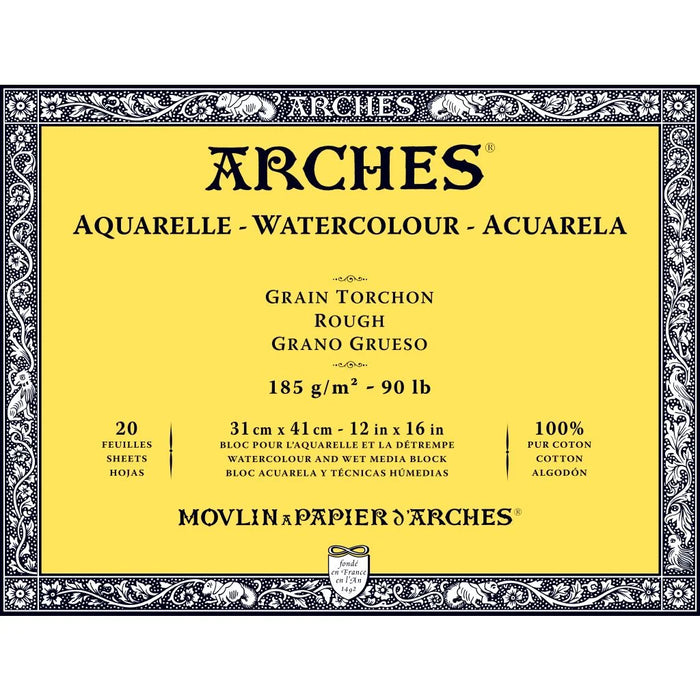 ARCHES WATERCOLOUR- AQUARELLE - 31 CM X 41 CM NATURAL WHITE ROUGH GRAIN 185 GSM PAPER, 4 SIDE GLUED PAD OF 20 SHEETS