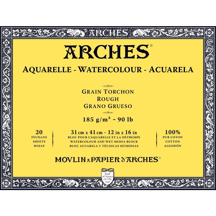 ARCHES WATERCOLOUR- AQUARELLE - 31 CM X 41 CM NATURAL WHITE ROUGH GRAIN 185 GSM PAPER, 4 SIDE GLUED PAD OF 20 SHEETS