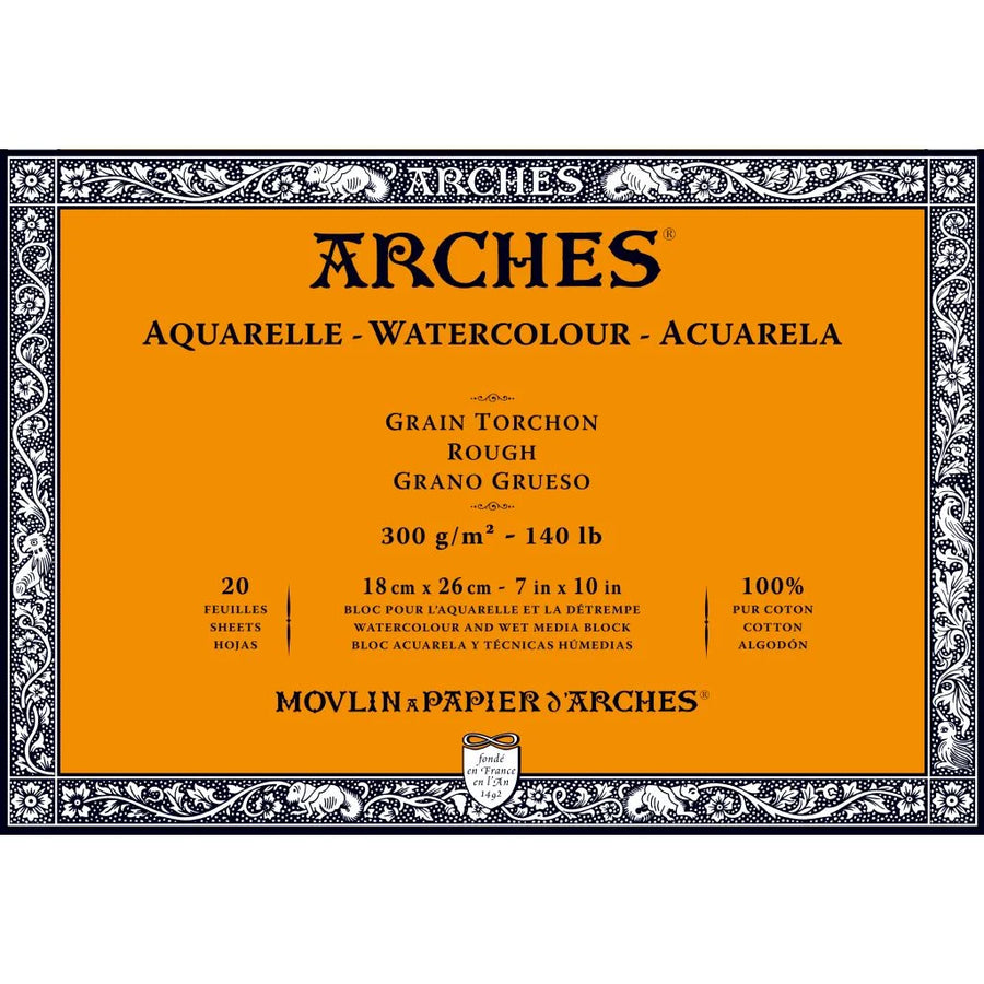 ARCHES WATERCOLOUR- AQUARELLE - 18 CM X 26 CM NATURAL WHITE ROUGH GRAIN 300 GSM PAPER, 4 SIDE GLUED PAD OF 20 SHEETS