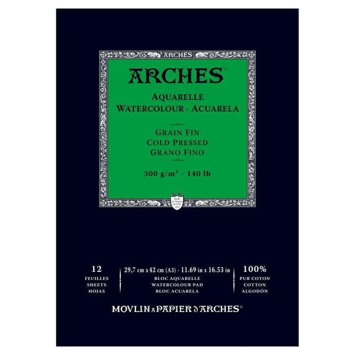 ARCHES WATERCOLOUR- AQUARELLE - A3 (29.7 CM X 42 CM) NATURAL WHITE FINE GRAIN / COLD PRESS 300 GSM PAPER, SHORT SIDE GLUED PAD OF 12 SHEETS