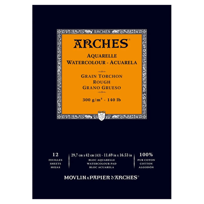 ARCHES WATERCOLOUR- AQUARELLE - A3 (29.7 CM X 42 CM) NATURAL WHITE ROUGH GRAIN 300 GSM PAPER, SHORT SIDE GLUED PAD OF 12 SHEETS