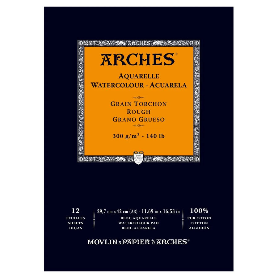 ARCHES WATERCOLOUR- AQUARELLE - A3 (29.7 CM X 42 CM) NATURAL WHITE ROUGH GRAIN 300 GSM PAPER, SHORT SIDE GLUED PAD OF 12 SHEETS