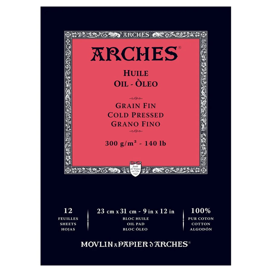 ARCHES OIL- HUILE - 23 CM X 31 CM WHITE FINE GRAIN / COLD PRESS 300 GSM PAPER, SHORT SIDE GLUED PAD OF 12 SHEETS
