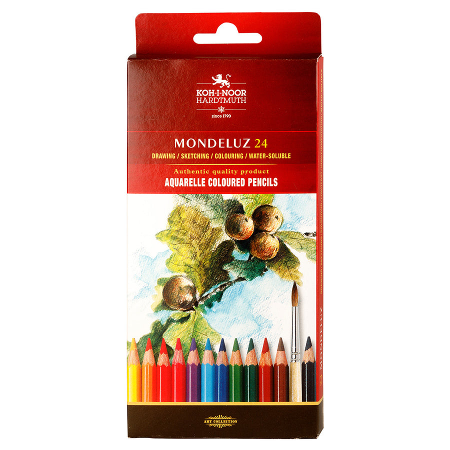 KOH-I-NOOR MONDELUZ ARTIST'S WATER SOLUBLE COLOURED PENCILS - ASSORTED - SET OF 24 IN CARD BOX