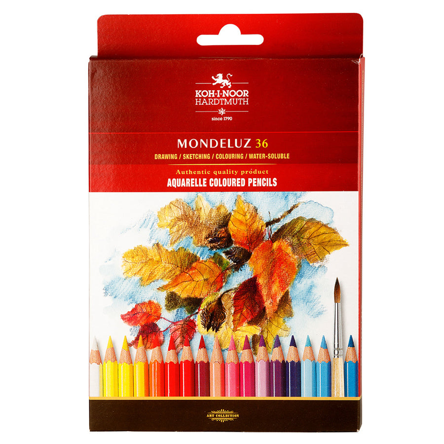 KOH-I-NOOR MONDELUZ ARTIST'S WATER SOLUBLE COLOURED PENCILS - ASSORTED - SET OF 36 IN CARD BOX
