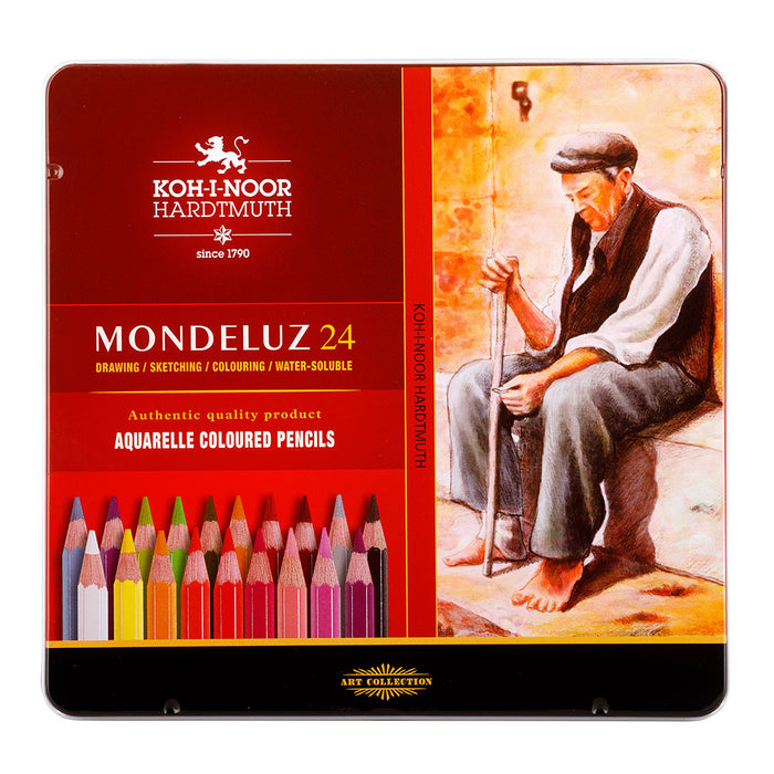 KOH-I-NOOR MONDELUZ ARTIST'S WATER SOLUBLE COLOURED PENCILS - ASSORTED - SET OF 24 IN TIN BOX