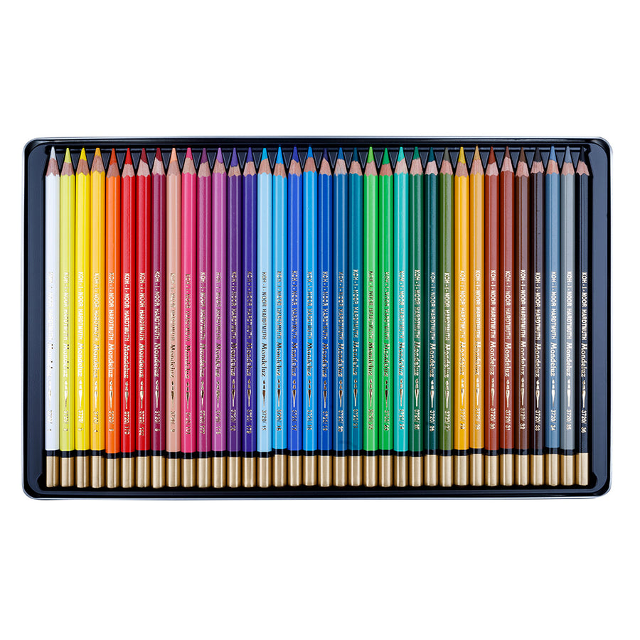 KOH-I-NOOR MONDELUZ ARTIST'S WATER SOLUBLE COLOURED PENCILS - ASSORTED - SET OF 36 IN TIN BOX