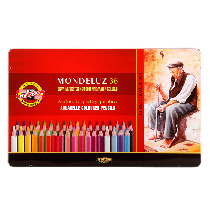 KOH-I-NOOR MONDELUZ ARTIST'S WATER SOLUBLE COLOURED PENCILS - ASSORTED - SET OF 36 IN TIN BOX
