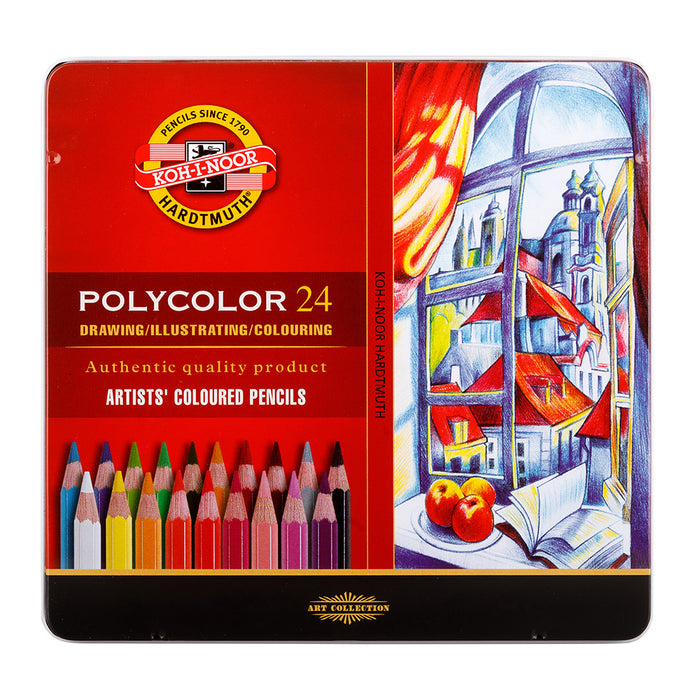 KOH-I-NOOR POLYCOLOR ARTIST'S COLOURED PENCILS - ASSORTED - SET OF 24 IN TIN BOX
