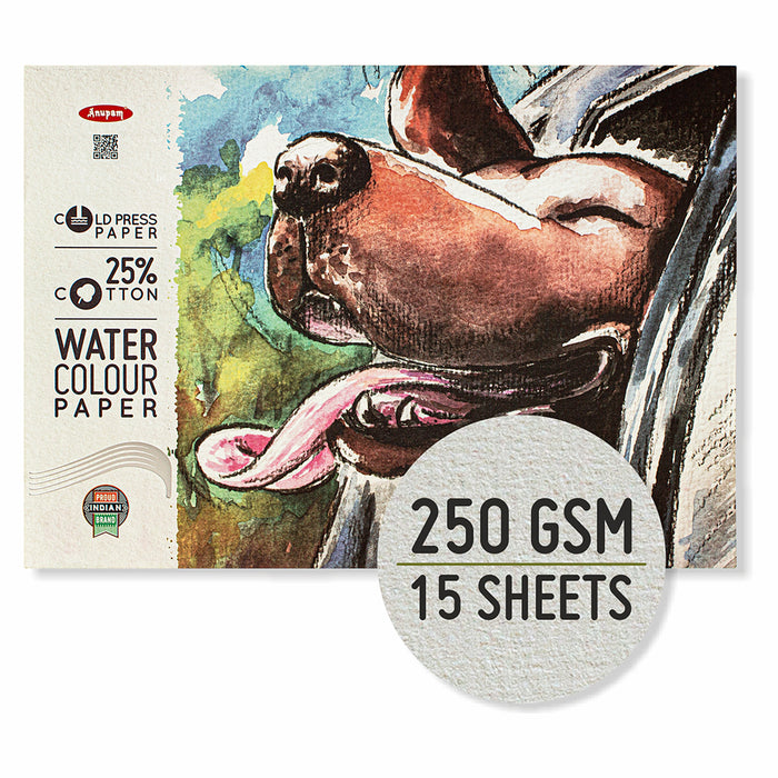 Anupam - 25% Cotton Cold Press Watercolour Paper Pad A3/250GSM, 15 Sheets