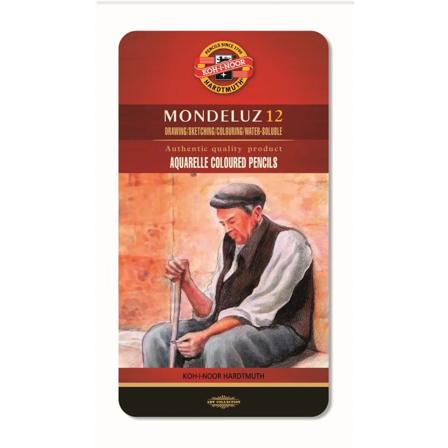 KOH-I-NOOR MONDELUZ ARTIST'S WATER SOLUBLE COLOURED PENCILS - ASSORTED - SET OF 12 IN TIN BOX
