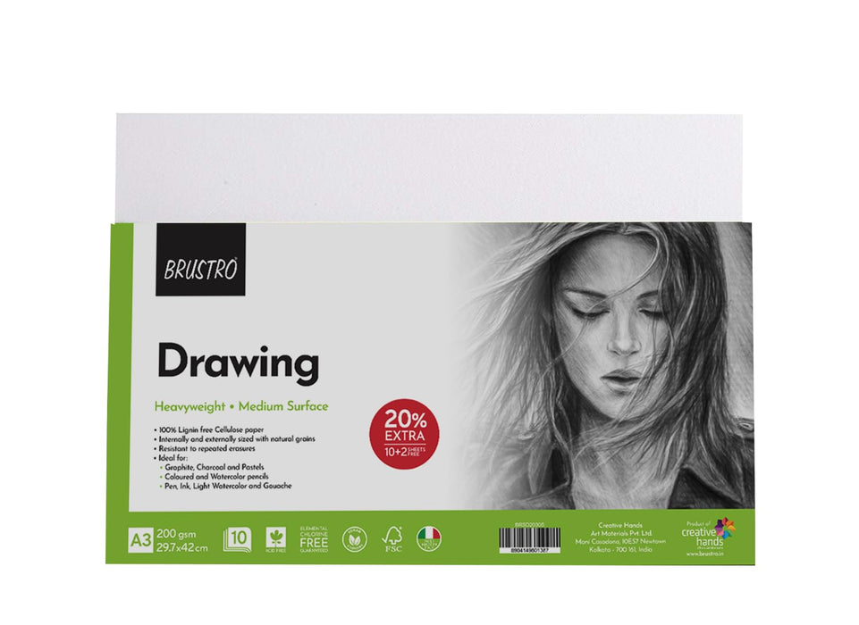 BRUSTRO Drawing Paper Pad – A3 | 200 GSM | Medium Surface | 12 Sheets (10 + 2 Free)