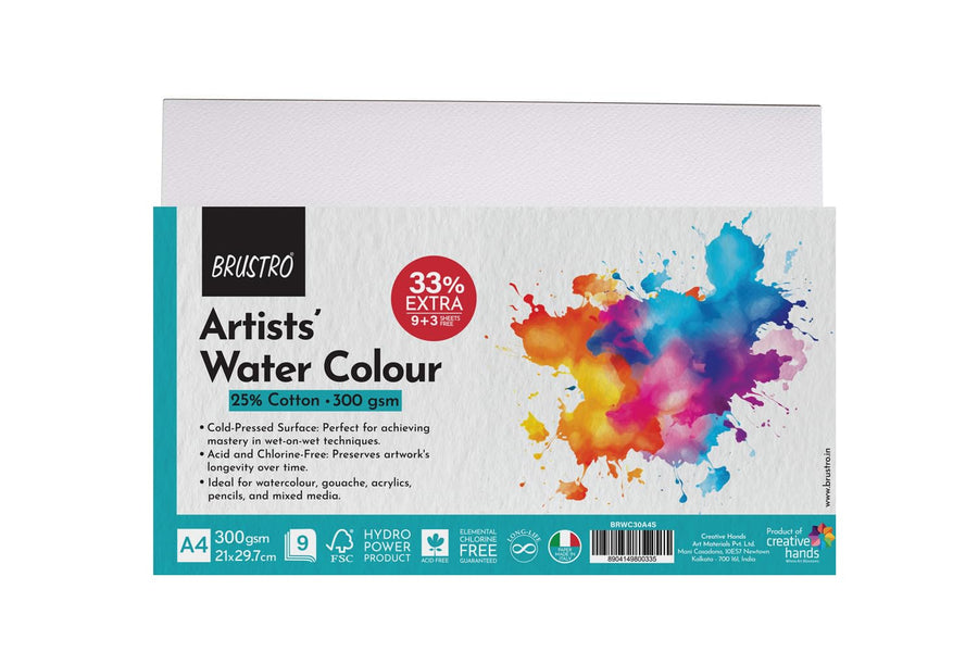 Brustro Artists' Watercolor Paper Pad – A4 Size, 300 GSM, 9 Sheets, 25% Cotton