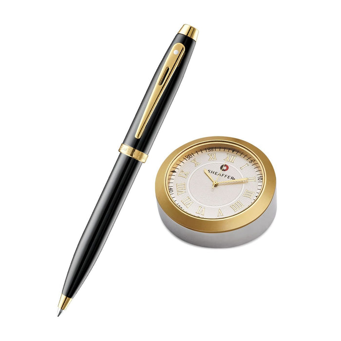 Sheaffer Gift Set – 100 Series Black GT Ballpoint Pen with Gold Table Clock