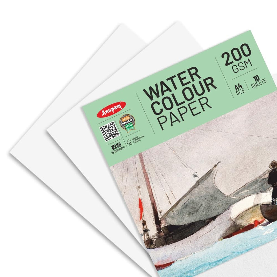 Anupam - Professional Water Colour Paper Pack of 10 Loose Sheets A4/200GSM