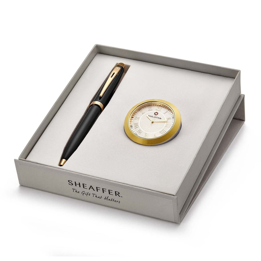Sheaffer Gift Set – 100 Series Black GT Ballpoint Pen with Gold Table Clock