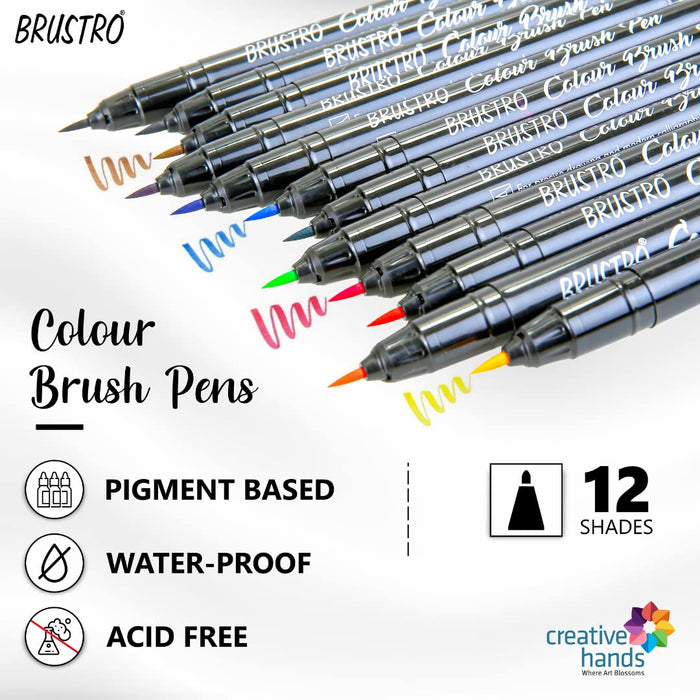 Brustro Colour Brush Pen Set – 12 Pigment-Based Waterproof Pens for Calligraphy & Illustration