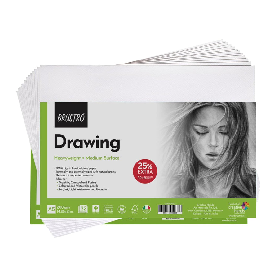 Brustro Drawing Paper Pad – A5 | 200 GSM | 32 + 8 Free Sheets | Heavyweight, Medium Surface