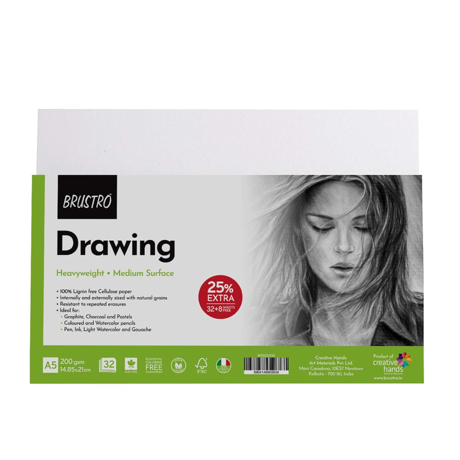 Brustro Drawing Paper Pad – A5 | 200 GSM | 32 + 8 Free Sheets | Heavyweight, Medium Surface