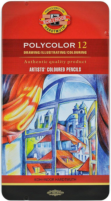 KOH-I-NOOR POLYCOLOR ARTIST'S COLOURED PENCILS - ASSORTED - SET OF 12 IN TIN BOX