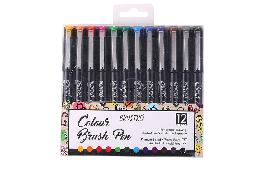 Brustro Colour Brush Pen Set – 12 Pigment-Based Waterproof Pens for Calligraphy & Illustration