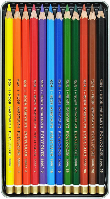 KOH-I-NOOR POLYCOLOR ARTIST'S COLOURED PENCILS - ASSORTED - SET OF 12 IN TIN BOX