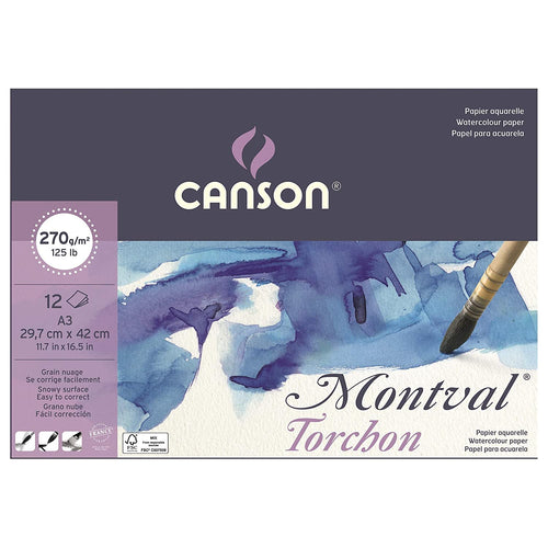 CANSON MONTVAL 270GSM WATERCOLOUR PAPAR PAD - 12 SHEETS NATURAL WHITE - 29,7 X 42 CM