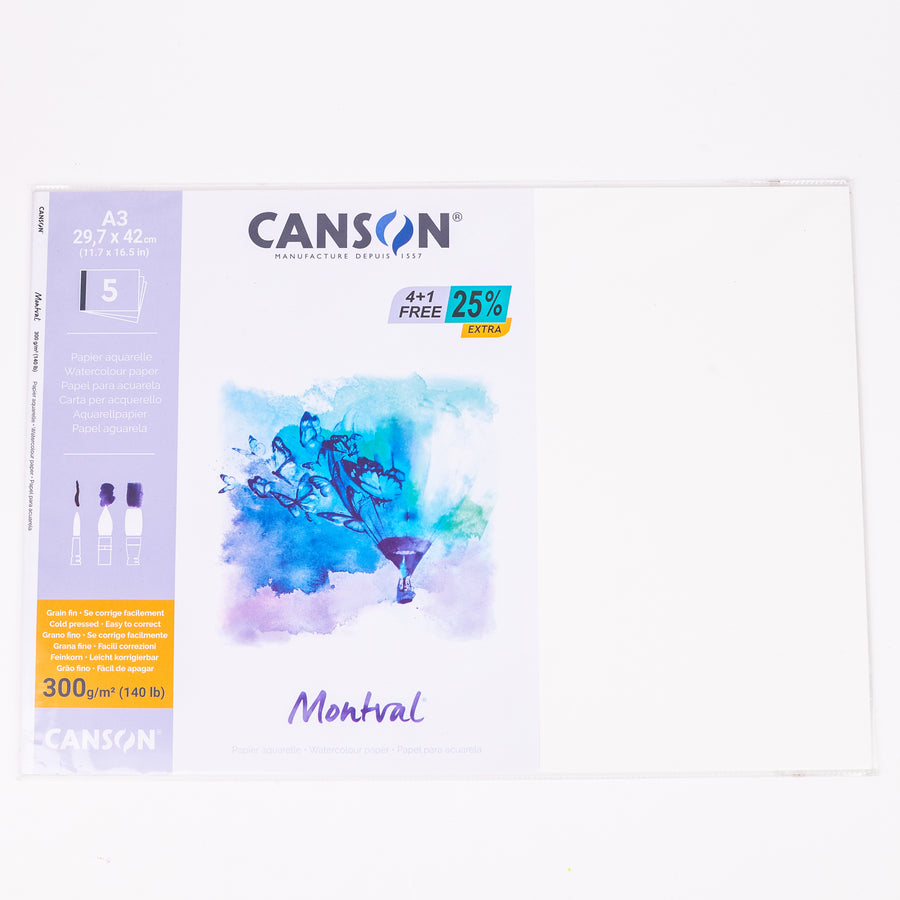 CANSON MONTVAL 300GSM WATERCOLOUR PAPAR PAD - 5 SHEETS NATURAL WHITE - 29,7 X 42 CM
