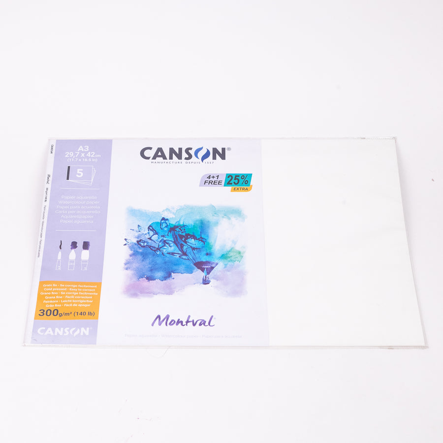 CANSON MONTVAL 300GSM WATERCOLOUR PAPAR PAD - 5 SHEETS NATURAL WHITE - 29,7 X 42 CM