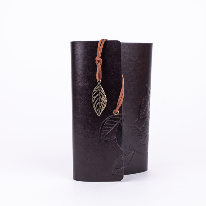 Medium Size Leather Diary - Leaf Design (Dark Brown)